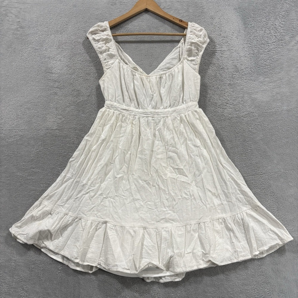 White Smocked Ruffle Mini Dress Women Large Tiered Babydoll Cap Sleeve Boho